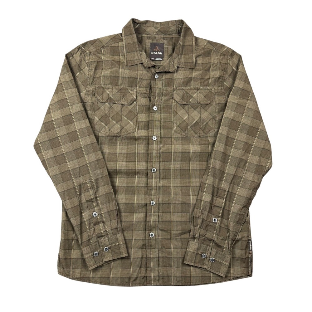 Prana Terrain Shirt Men Large Brown Plaid Button Up Roll Up Sleeves Outdoor Hike